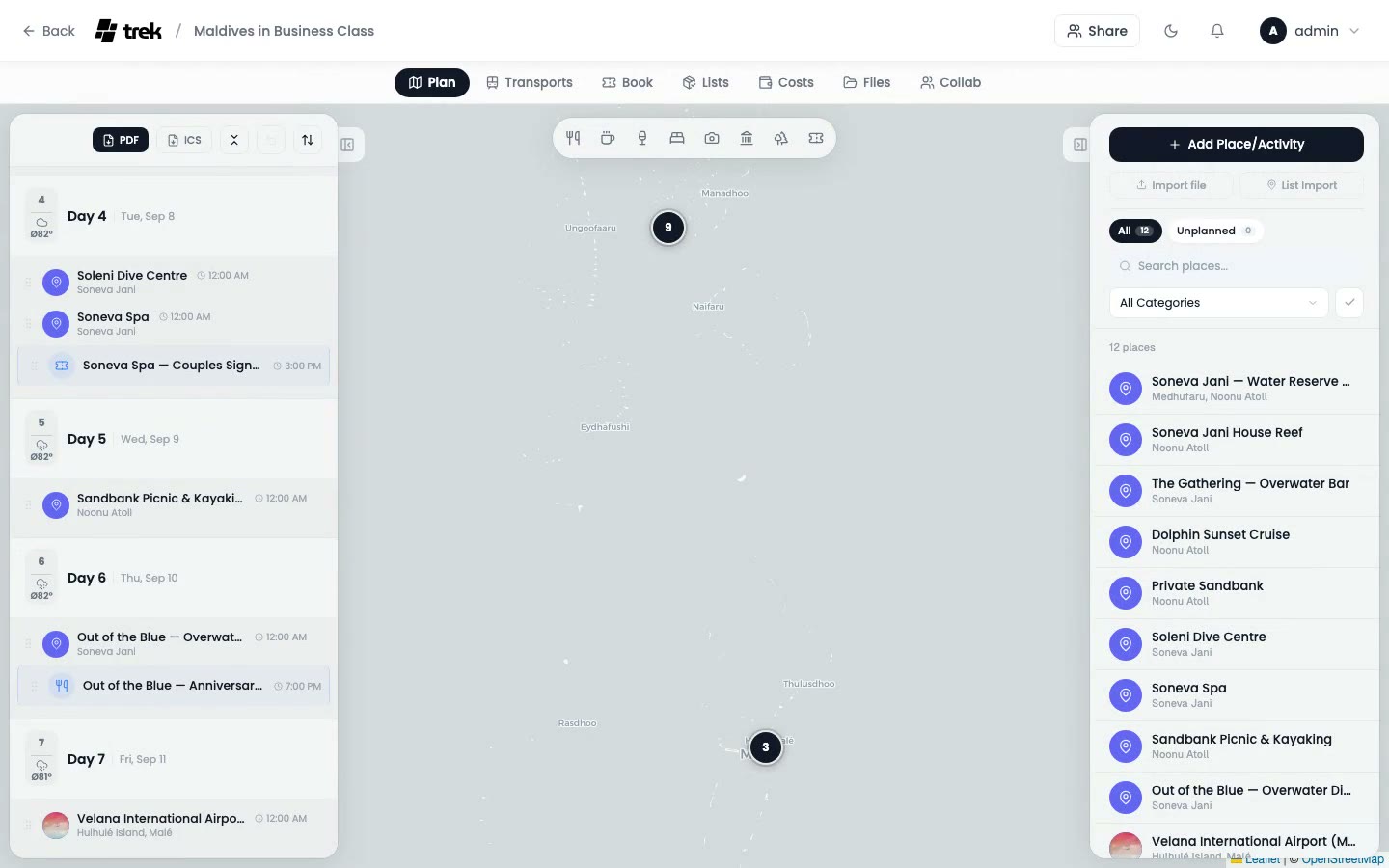 Trek workspace showing day-by-day itinerary plan with a live route map for the Maldives trip